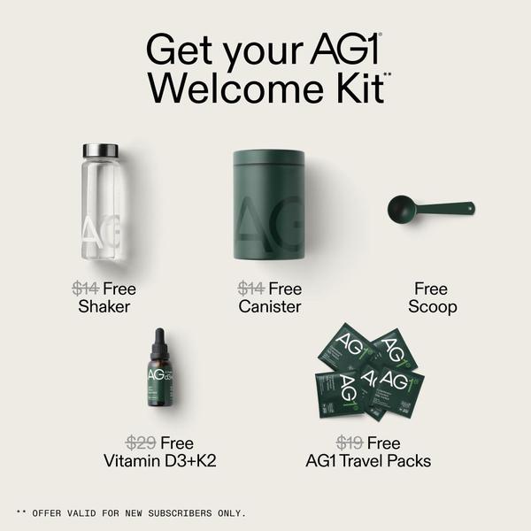 A minimalist, flat-lay product graphic showcasing a dietary supplement subscription offer including a shaker, canister, scoop, vitamins, and travel packs.